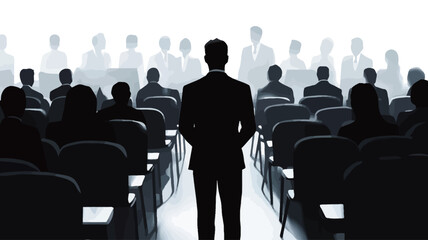The image is a monochrome silhouette photograph depicting a businessman standing with his back to the camera, addressing a large audience seated in rows of chairs. 