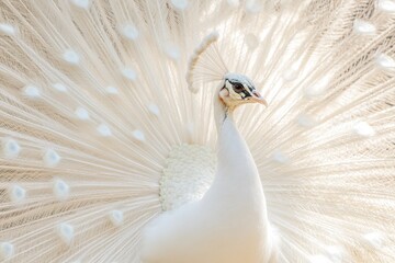 Fototapeta premium White peacock showing its beautiful plumage in nature reserve