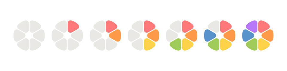 Circle division infographic loading set. Pie chart divided 6 equal parts. Pizza or orange round load diagram. Infographic six segment and fraction. Vector illustration isolated on white background.