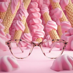 Obraz premium Pink eyeglasses resting on a pink surface with ice cream cones in the background