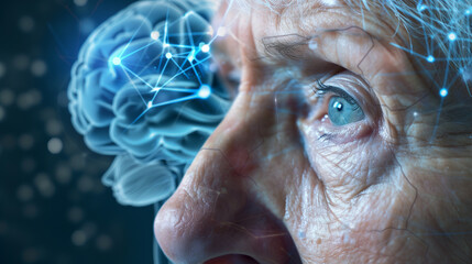 Elderly woman with concerned expression symbolizing dementia risk and memory loss, brain scan in background representing cognitive decline and aging health issues.