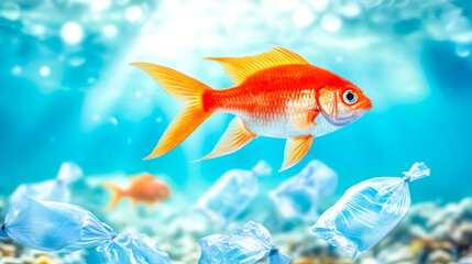 Naklejka premium Goldfish swimming near plastic bags in polluted ocean