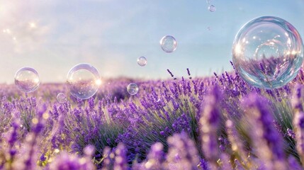 A vibrant summer field of lavender and golden wheat under a bright blue sky, with floating soap bubbles reflecting sunlight. A dreamy and refreshing nature scene full of warmth and beauty