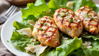 Grilled chicken fillets garnished on fresh lettuce leaves  