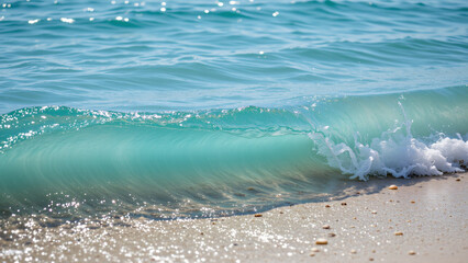 Sunlight dances on the surface of the placid turquoise sea, creating an illusion of liquid gems