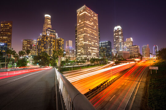 Los Angeles Downtown Traffic with City Skyscrapers at night