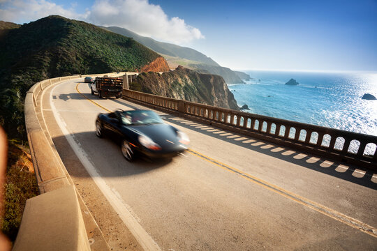 Car Crossing Bixby Bridge on Big Sur Coast Highway