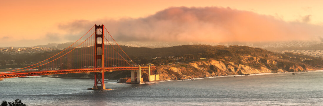 Golden Gate Bridge San Francisco California at dusk panoramic