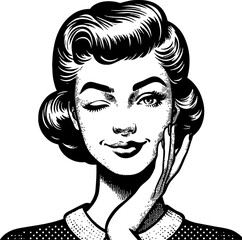 Woman Winking with Hand on Face in Black and White Pop Art Style Illustration