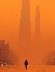 Fototapeta premium Person walks through a hazy orange landscape with tall structures in the background.