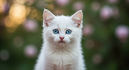 Obraz premium An adorable white kitten with striking blue eyes looks directly into the camera