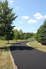 Serene asphalt driveway winding through lush green landscape under a bright blue sky with scattered clouds creating a peaceful and inviting scene