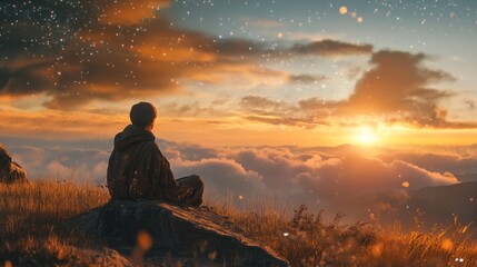 Silhouette of a person watching sunset over the clouds.