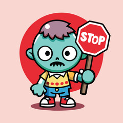 Cute Cartoon Zombie Character Holding A Red Stop Sign Illustration