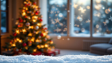 A festive backdrop features an elegantly decorated Xmas tree as a blurred background with sparkling lights and bokeh effects, conveying a joyous holiday mood
