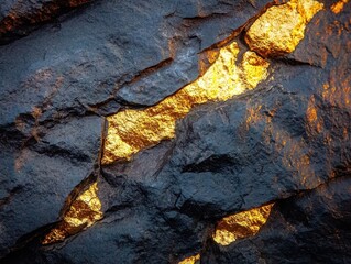 Golden light shining through dark rock crevices creating a dramatic and textured geological formation with a warm glow and rough surface