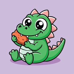 Fototapeta premium Adorable Green Dinosaur Cartoon Character Enjoying A Cookie Snack Illustration
