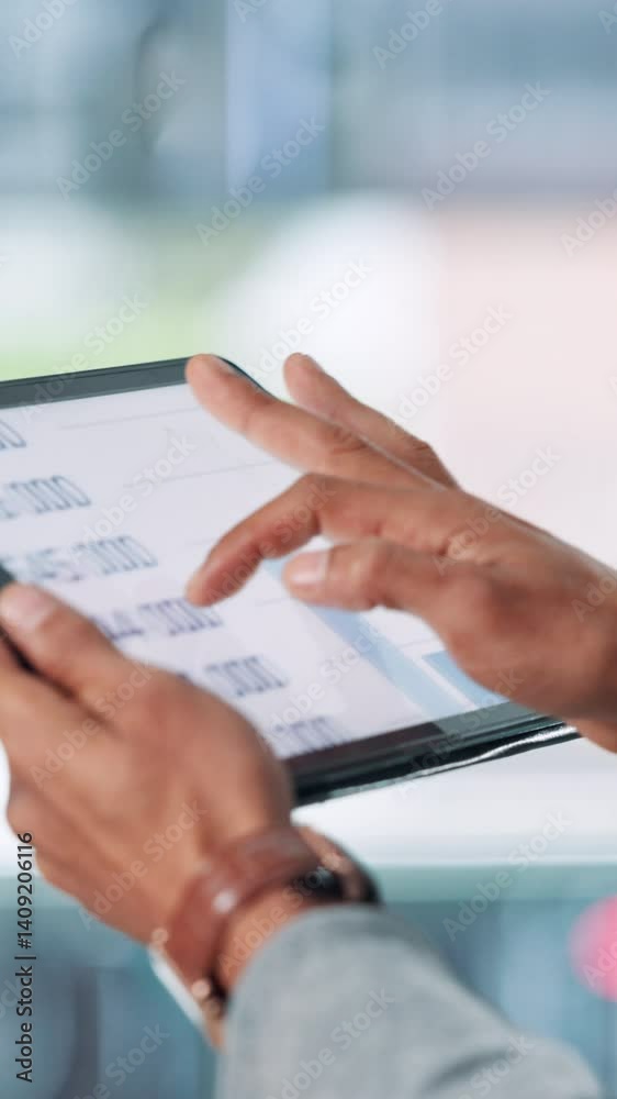 Poster hands, tablet and graph with business person online for sales report or target in office. statistics