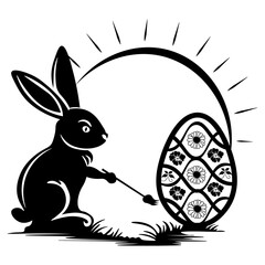 Bunny paints an Easter Egg, Hand Drawn Vector Illustration