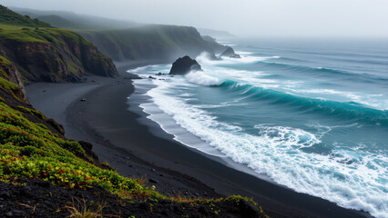 The black volcanic sand contrasts sharply with the turquoise water. Steamy air rises from the warm ground, creating a hazy atmosphere