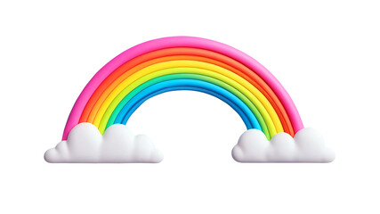 3d plastic play doh render of vibrant colour rainbow and fluffy clouds isolated on white background, colour modelling clay rainbow and clouds icon cut out