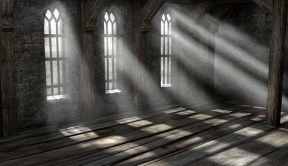 Sunbeams illuminate a rustic, stone hall with arched windows and wooden floors