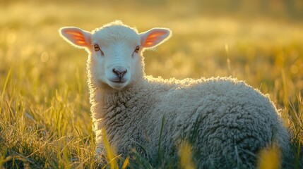 Obraz premium Adorable lamb standing in a field of golden grass.