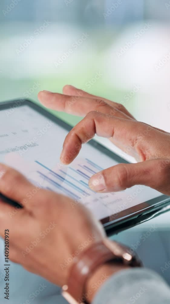 Poster tablet screen, hands and chart with business person online for sales report or target in office. sta