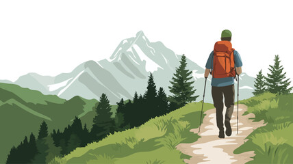 A vector illustration depicting a person with a backpack and hiking poles walking away from the viewer on a mountain trail. The trail is light-colored and winds through a green grassy hillside with
