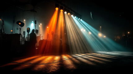 Dynamic light beams in vibrant hues, forming abstract patterns. A symphony of color and motion in darkness.