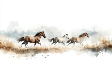 Three horses run gracefully through a muted landscape, embodying freedom and connection to nature in a serene watercolor painting.