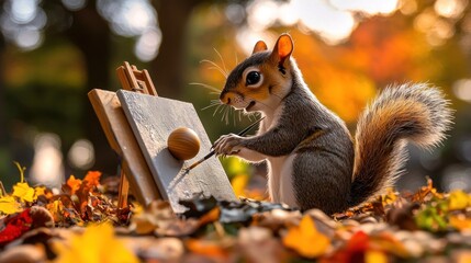 Obraz premium Autumn Squirrel Artist Painting in Park