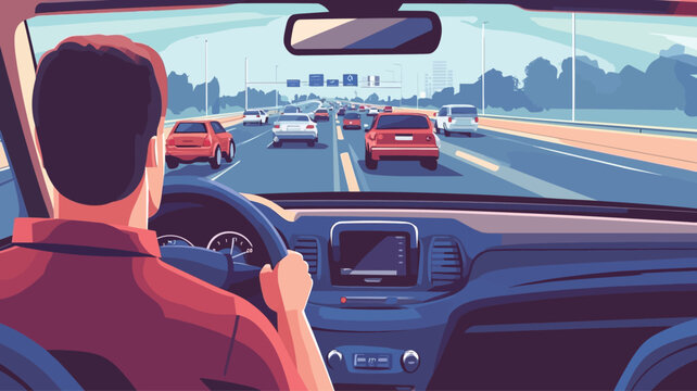 A stylized illustration depicting the interior view from a driver's seat. The driver is visible from the back, wearing a red shirt, hands on the steering wheel.  The focus is on the road ahead