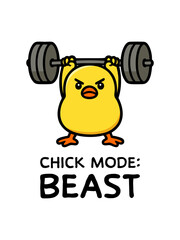 Cartoon yellow chick lifting barbell with text "Chick mode: beast". Vector fitness illustration with motivational gym quote. Funny strong bird character for sticker, print, poster