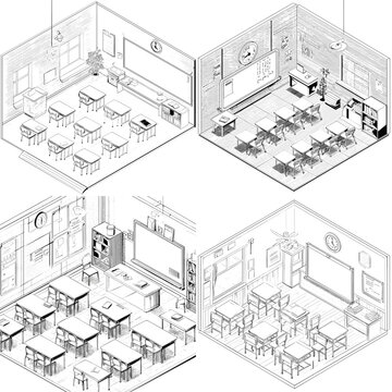 Isometric classroom interior illustrations in black and white line art, showing desks, boards, and educational tools. Perfect for school designs, architectural plans, and learning visuals.

