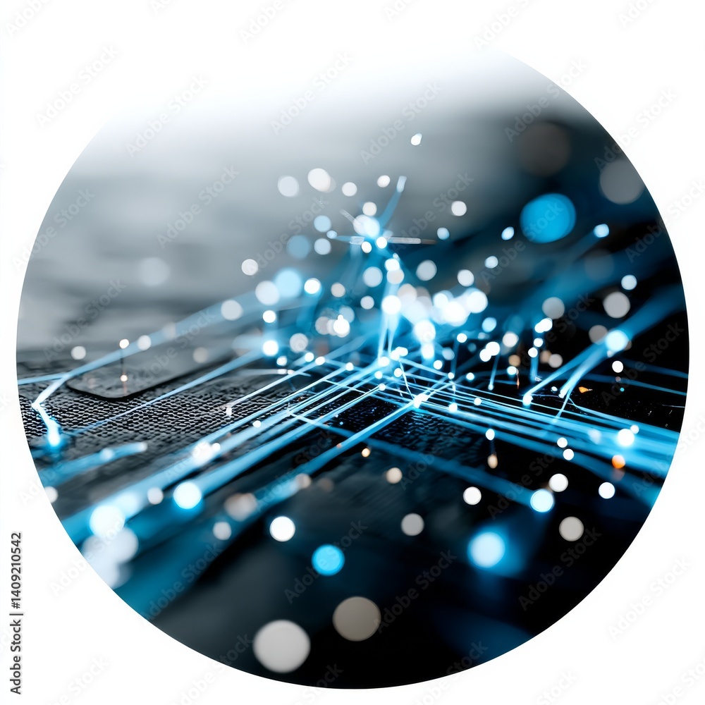 Fototapete Abstract Data Flow: Blue Lines & Bokeh Lights on Structured Background (AI Generated Image)