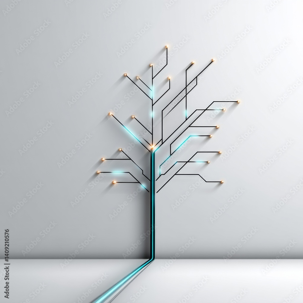 Aufkleber Abstract Digital Tree with Glowing Nodes on a White Surface: Innovation, Growth, and Technological Progress