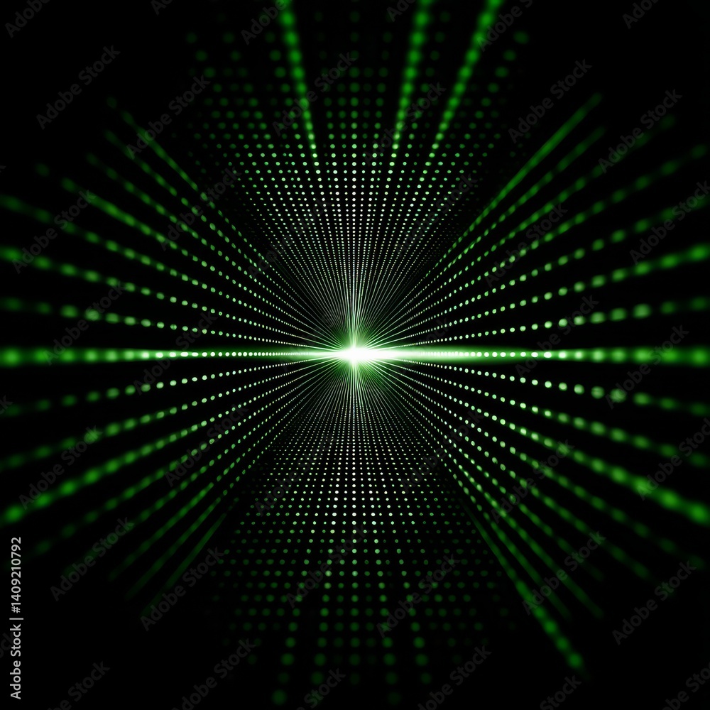 Poster abstract green light tunnel: a mesmerizing perspective through converging lines and dots, radiating 