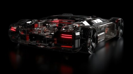 Obraz premium Transparent futuristic car design, detailed interior view, black background, glowing red accents