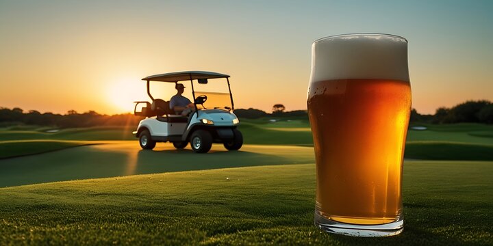 Golden hour image featuring a pint of beer on a green field with a golf cart silhouetted against the setting sun, capturing the essence of recreation, lifestyle, and peaceful atmosphere.

