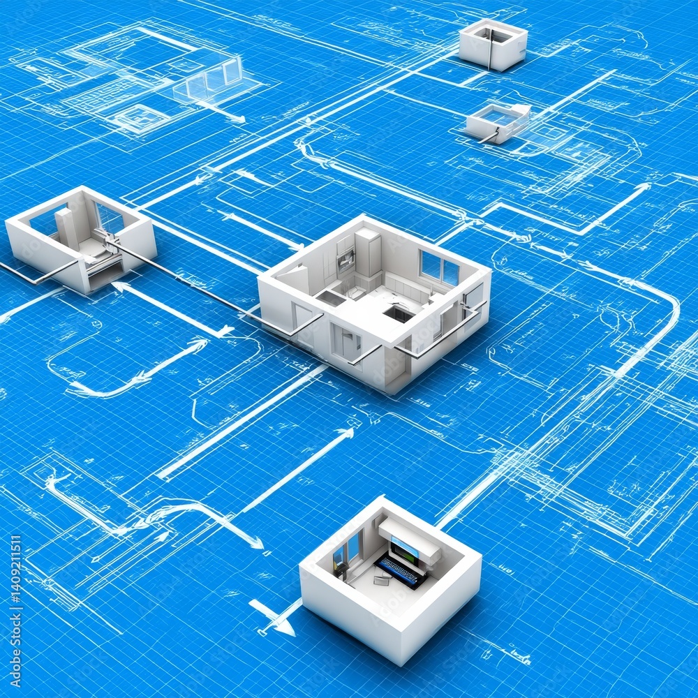 Fototapete architectural blueprint with miniature room models showing design and layout, perspective view