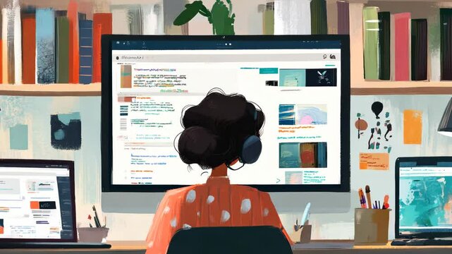 A woman is sitting at a desk with a computer monitor, laptop, and two cell phones. She is wearing headphones and she is working on a project. The desk is cluttered with books, a potted plant