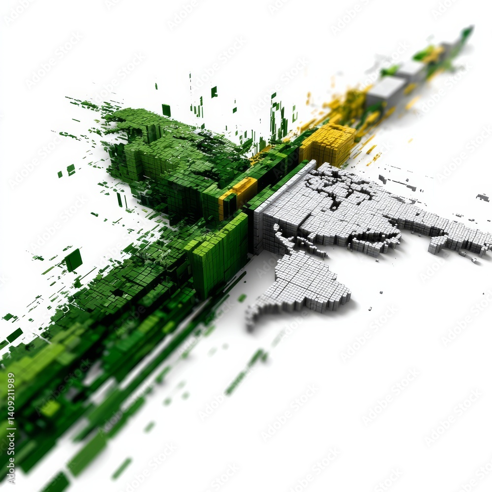 Aufkleber Digital Decomposition: A Pixelated World Map Fragmentation with Green, Yellow, and White Blocks on White Background