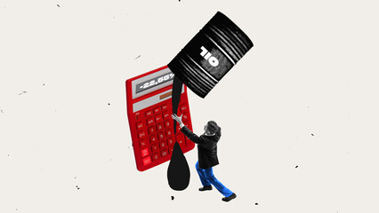 Businessman pushing oil barrel onto calculator dripping crude, highlighting sharp economic losses...