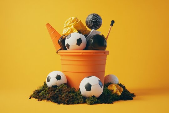 Orange bucket overflowing with sports and miscellaneous items.