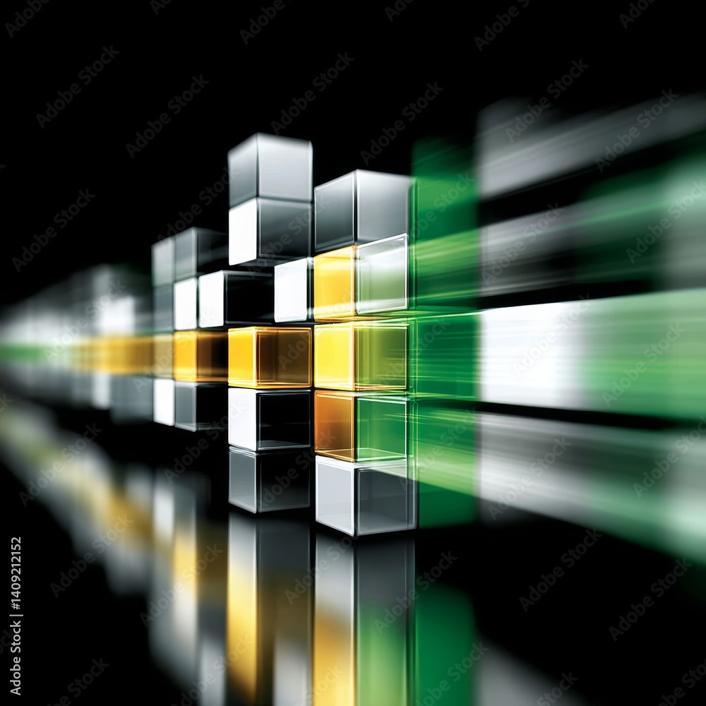 Aufkleber Dynamic Cubes: Abstract 3D Render with Motion Blur, Reflective Surfaces and a Vibrant Color Palette on Dark Background