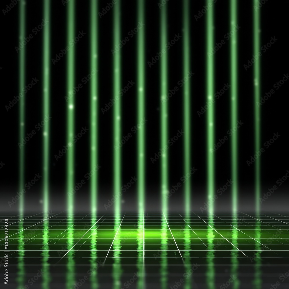 Aufkleber ethereal green illumination: a luminous stage with reflections and geometric gridlines on a dark bac