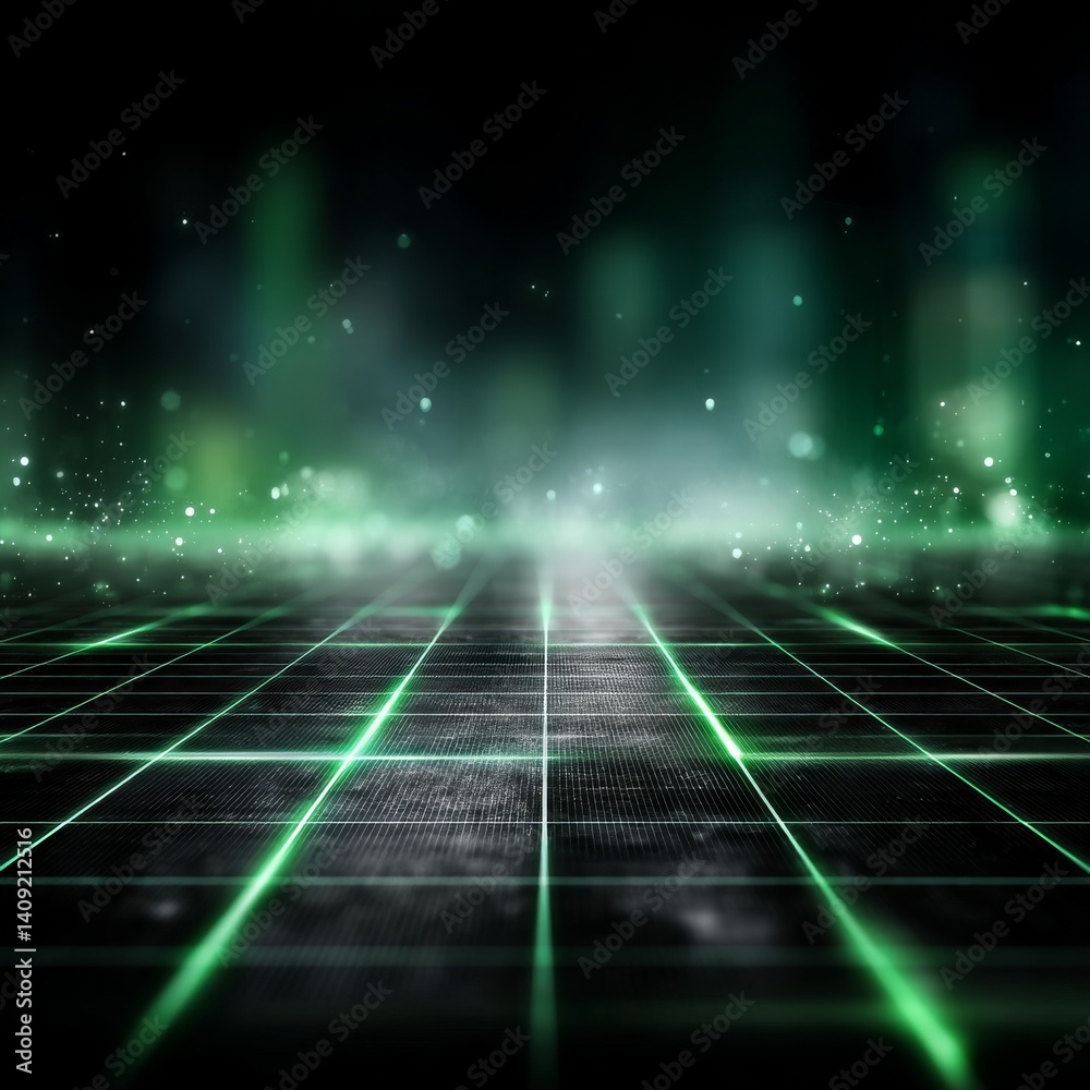 Poster futuristic grid landscape with green lights and bokeh, sci-fi digital surface for background