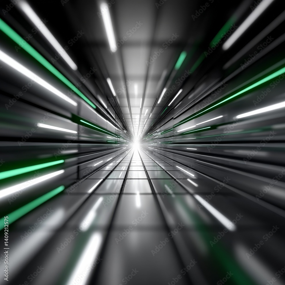 Poster futuristic light tunnel: green and white beams converging to a central bright light source