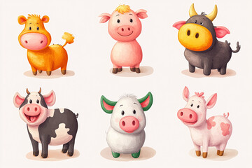 Fototapeta premium Cartoon farm animals for kids with pig, cow and sheep in colorful, playful style on light background
